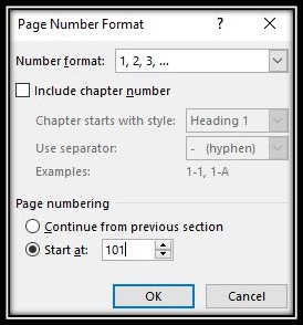Start page numbering at 101