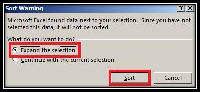 Expand sorting selection in Excel