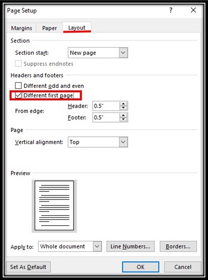 Different first page in Word