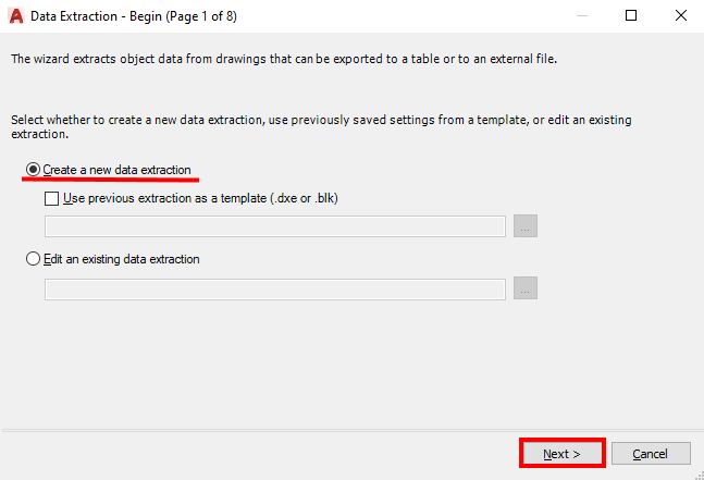 create new data extraction in autocad